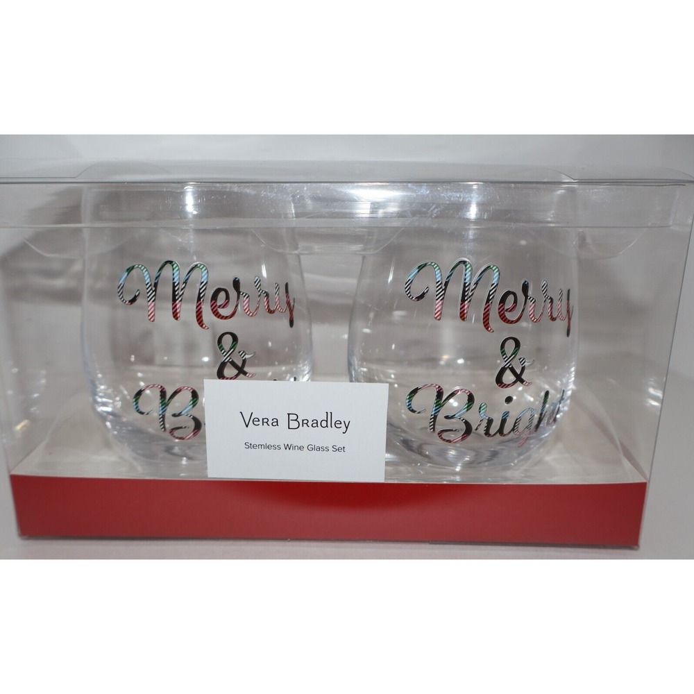 NEW VERA BRADLEY Christmas Holiday Wine Glasses Stemless Set Merry & Bright - Picture 2 of 7